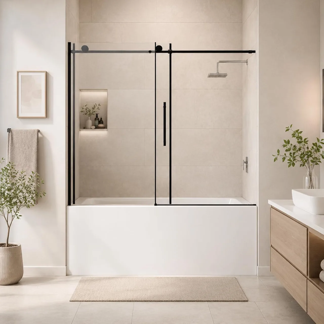 AROJAY ARJ-S02B-60 sliding shower door in Matte Black, main product view