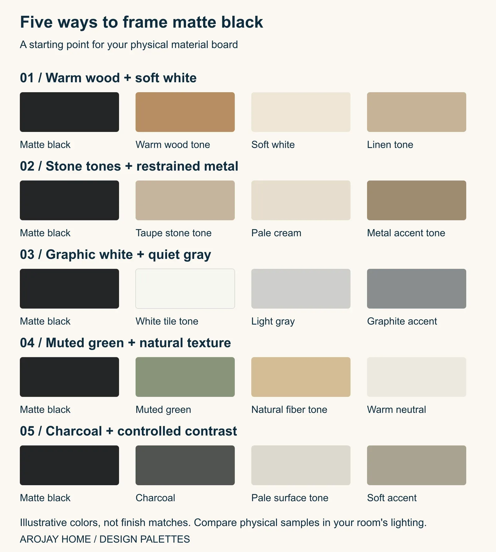 Five color palettes for a matte black shower door