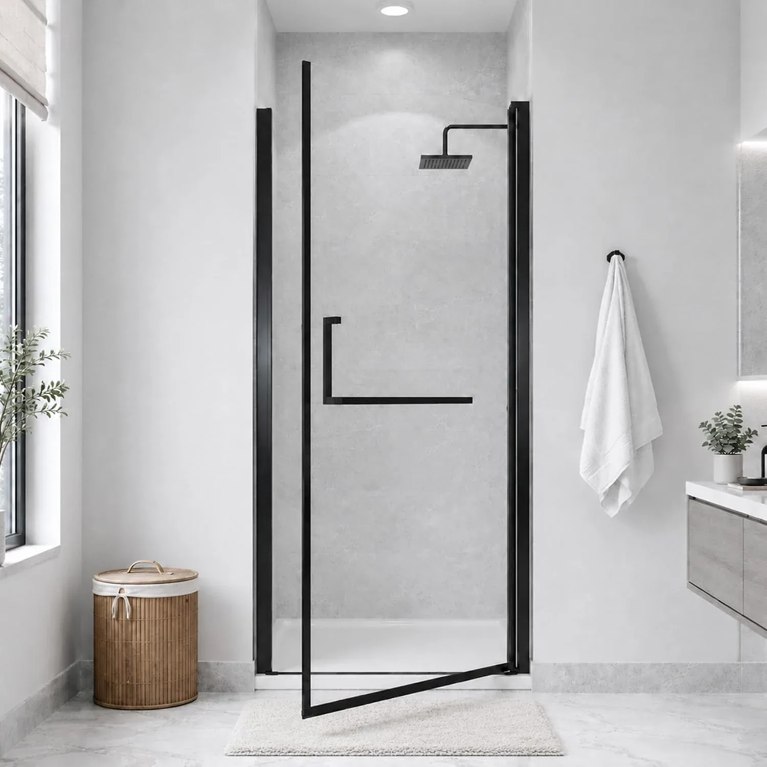 Open black pivot shower door near a vanity