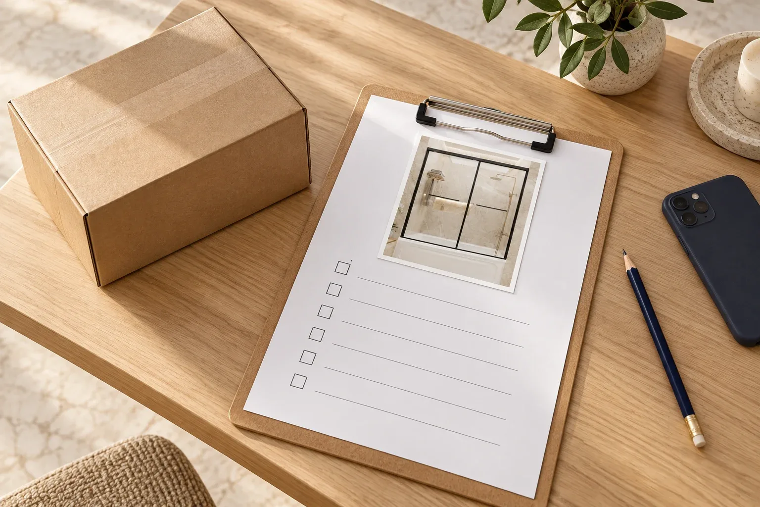 Illustration of a delivery checklist, generic carton and printed shower door photo