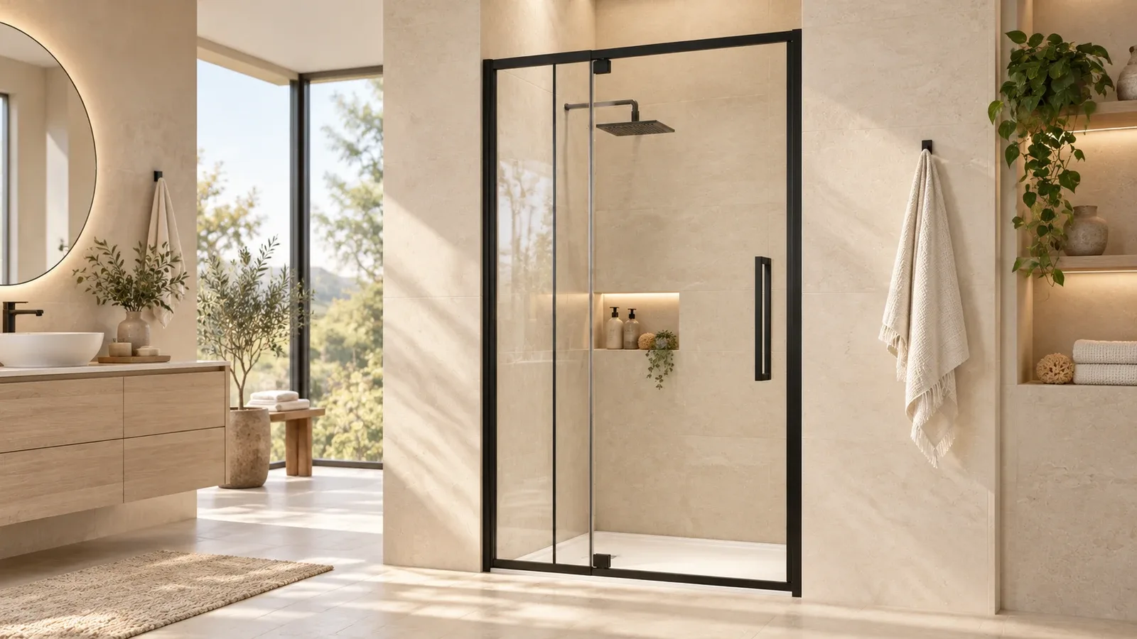 Warm beige bathroom design with an oak vanity and a black-framed clear glass shower door