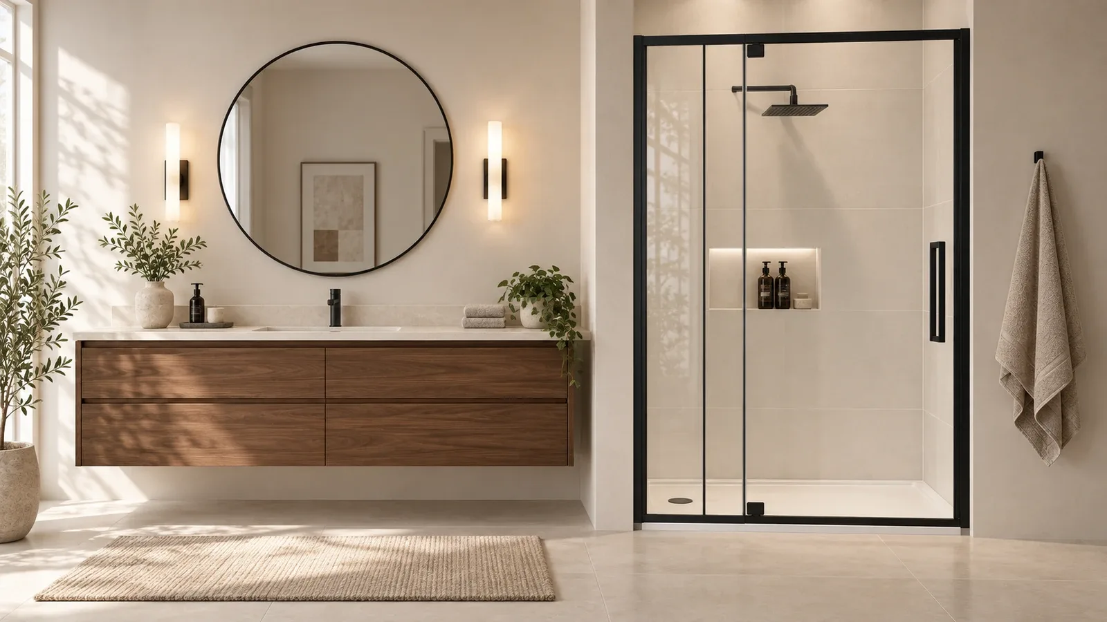 Walnut vanity as the main accent beside a clear glass shower with quiet ivory tile