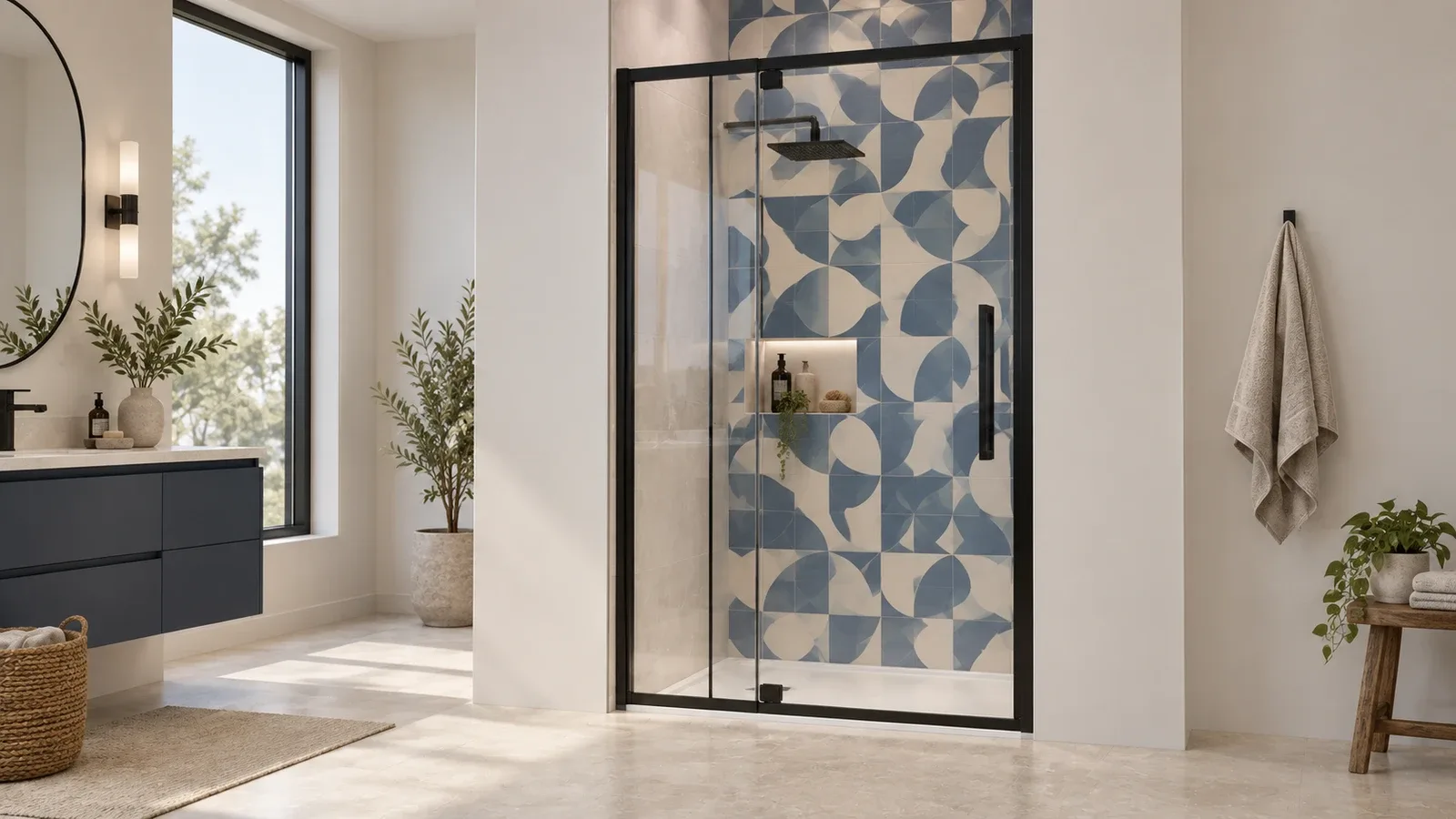 Blue and ivory patterned shower tile visible through a clear glass door beside a navy vanity