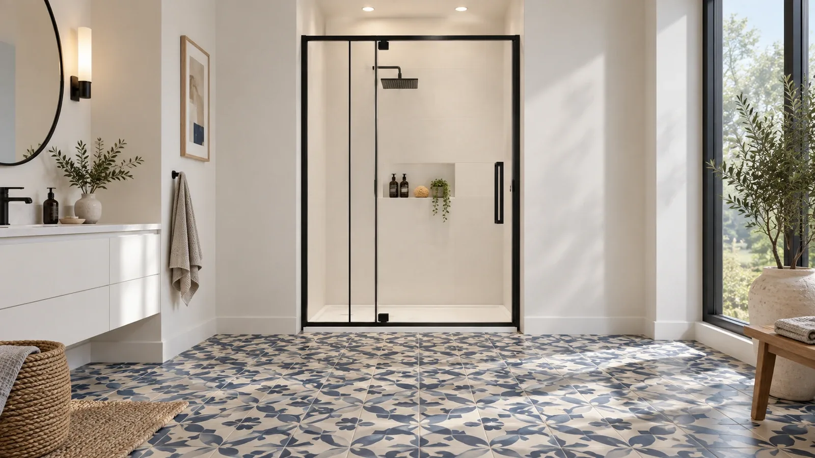 Blue and ivory patterned bathroom floor with plain shower walls and a separate white shower base
