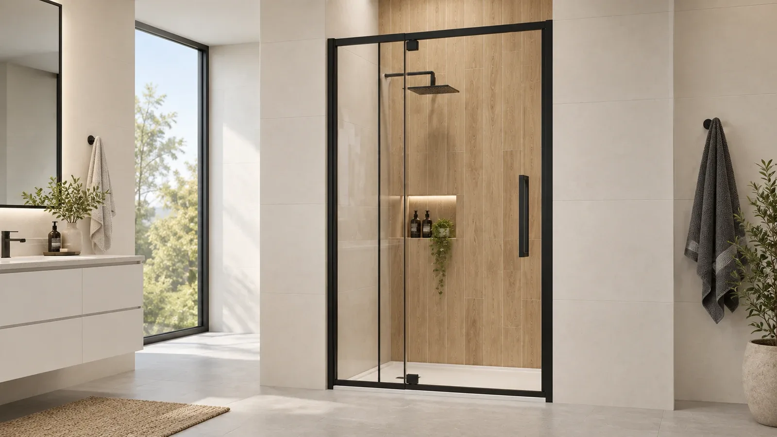 Vertical wood-look porcelain shower tile behind clear glass with plain ivory side walls