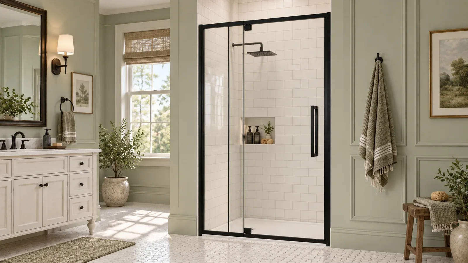 Traditional sage and white bathroom with a furniture-style vanity and a black-framed glass shower