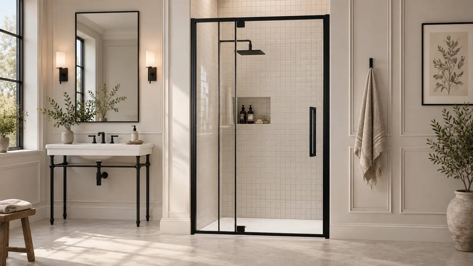 Classic square shower tile and wall molding beside a black-framed clear glass door