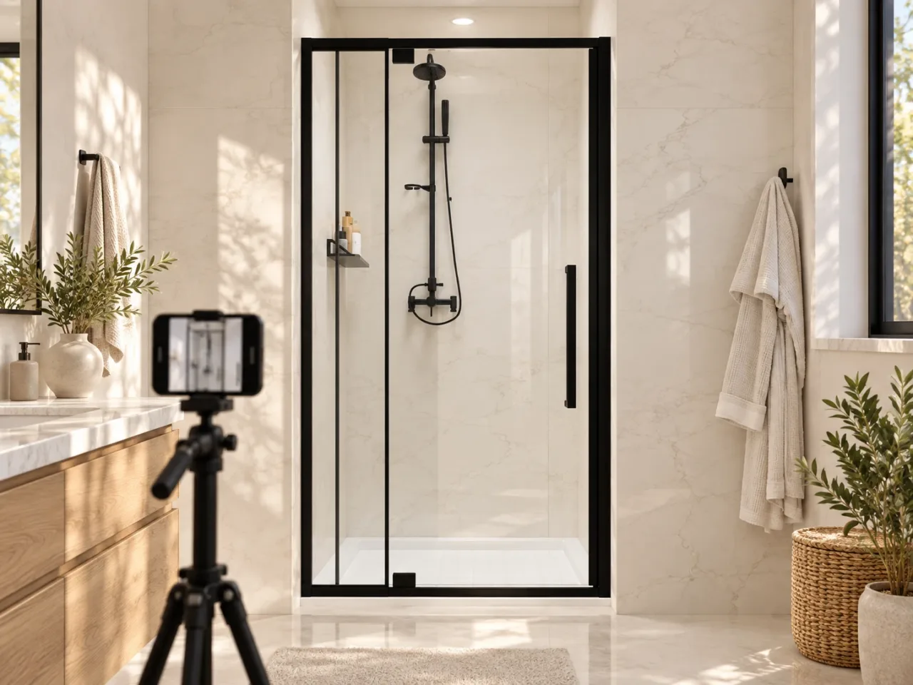 A smartphone recording a black-framed glass shower door in a bright tiled bathroom