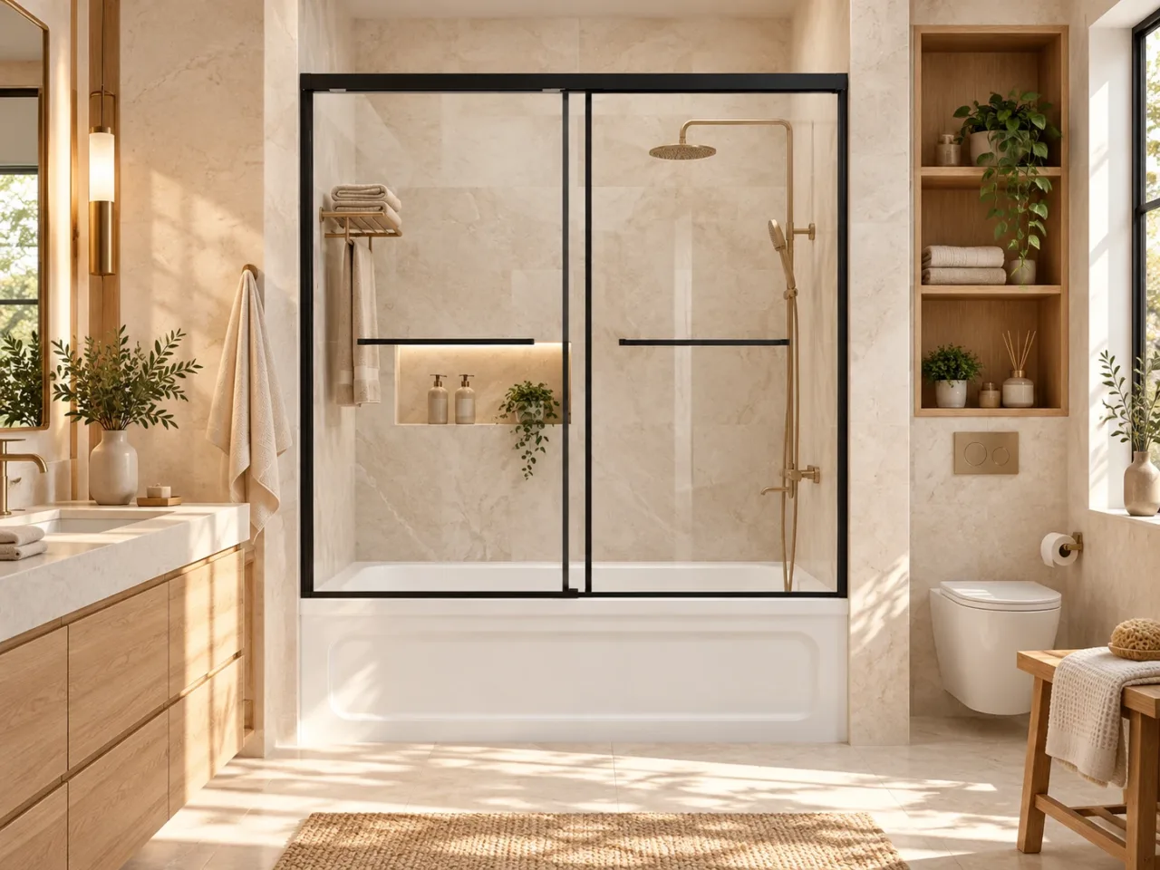 Black double-sliding glass bathtub door in a bright ivory bathroom with oak cabinetry