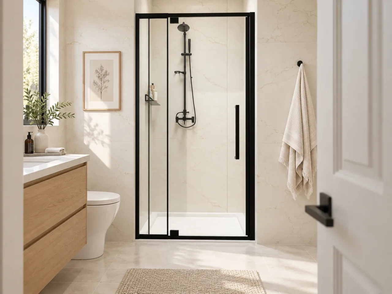 View from an open bathroom doorway toward a transparent glass shower and oak vanity