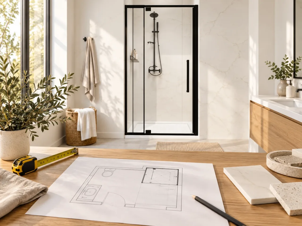 A bathroom plan and tape measure on an oak table in front of a glass shower