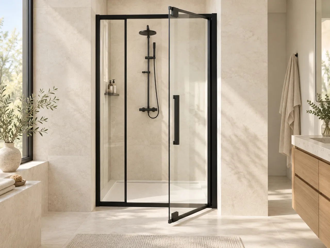 An outward-opening black-framed glass shower door with clear floor space