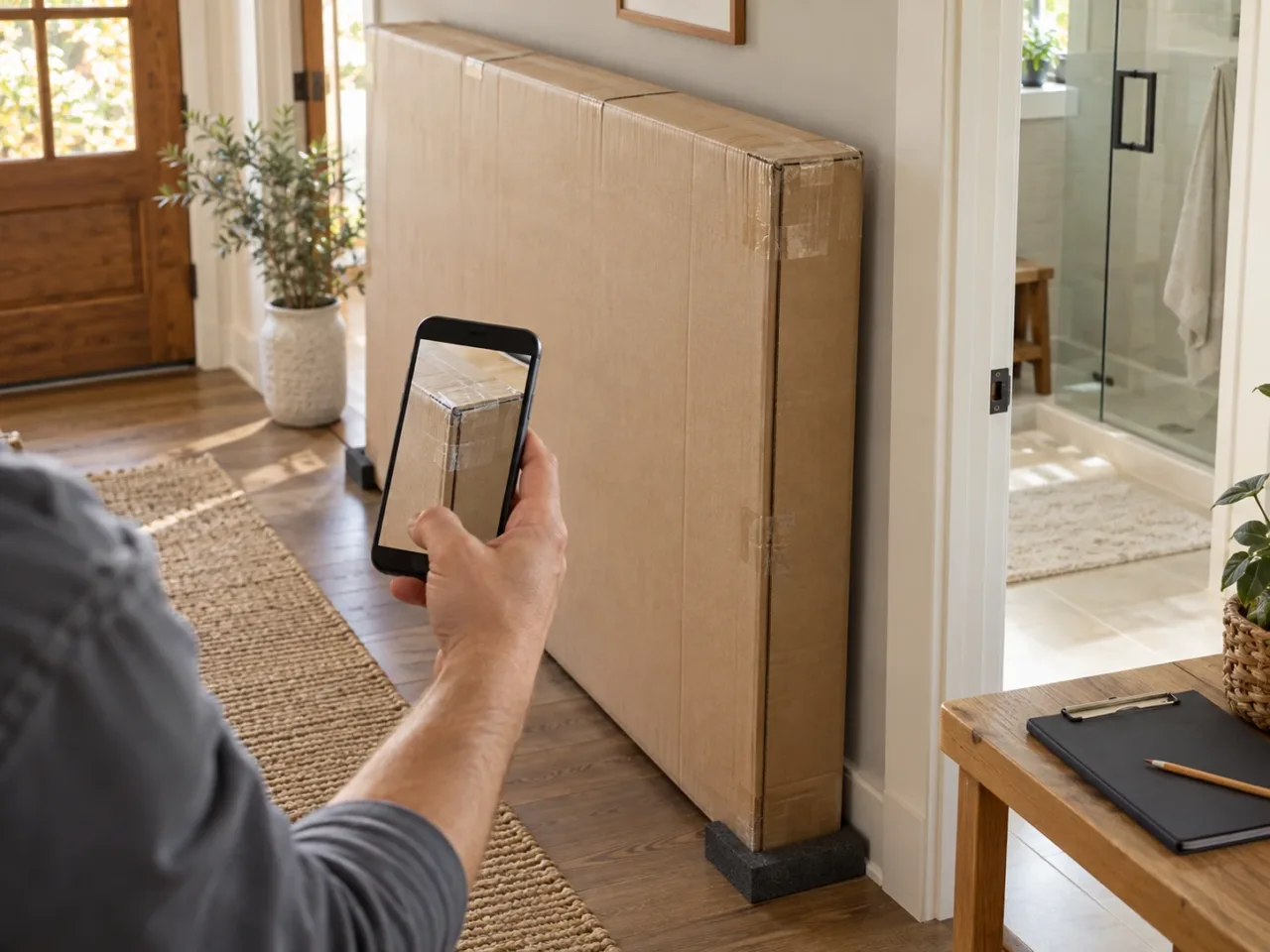 Photographing the corner of a newly delivered shower-door carton
