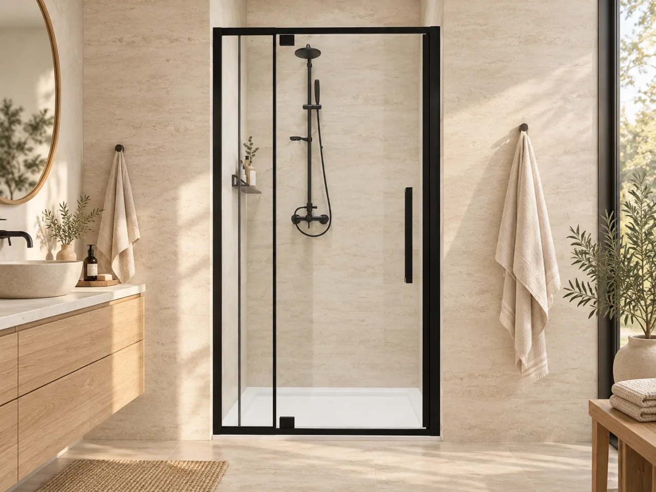 Warm neutral bathroom with an oak vanity and black hinged clear-glass shower door