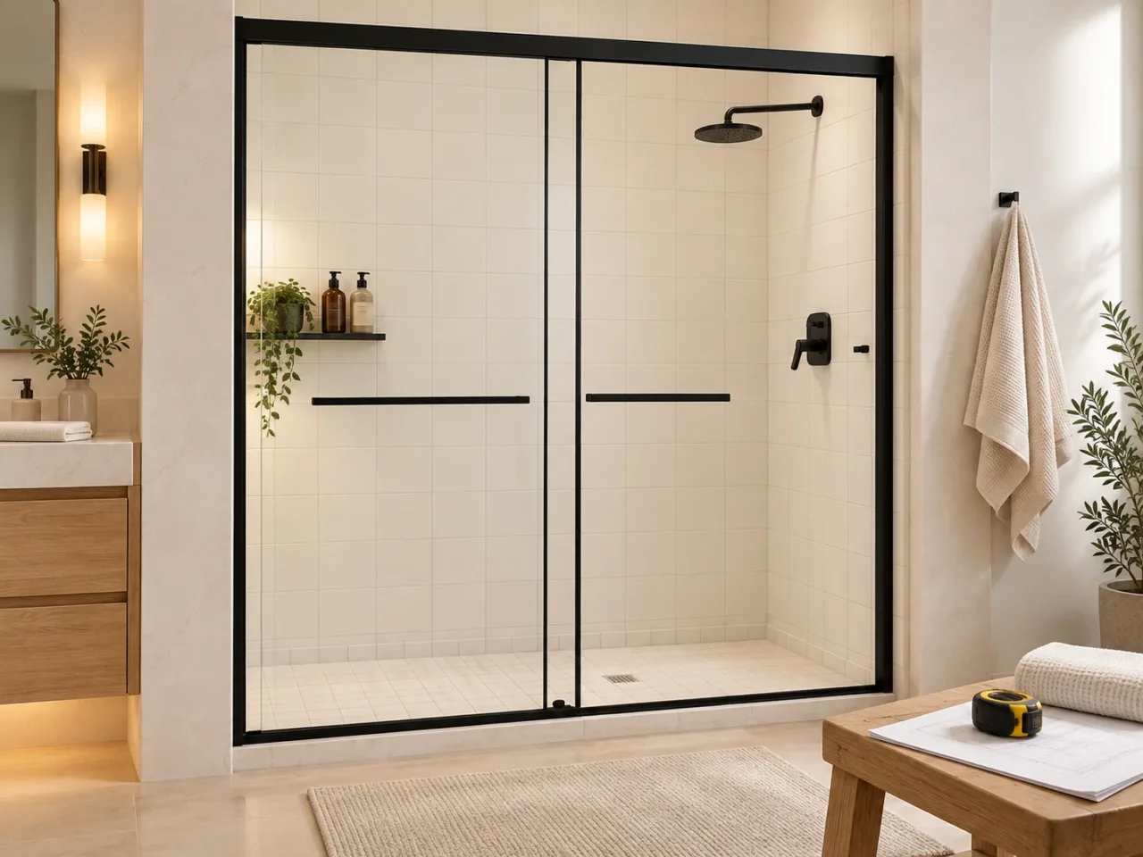 Double-sliding shower enclosure with a tape measure and bathroom plan on a nearby bench