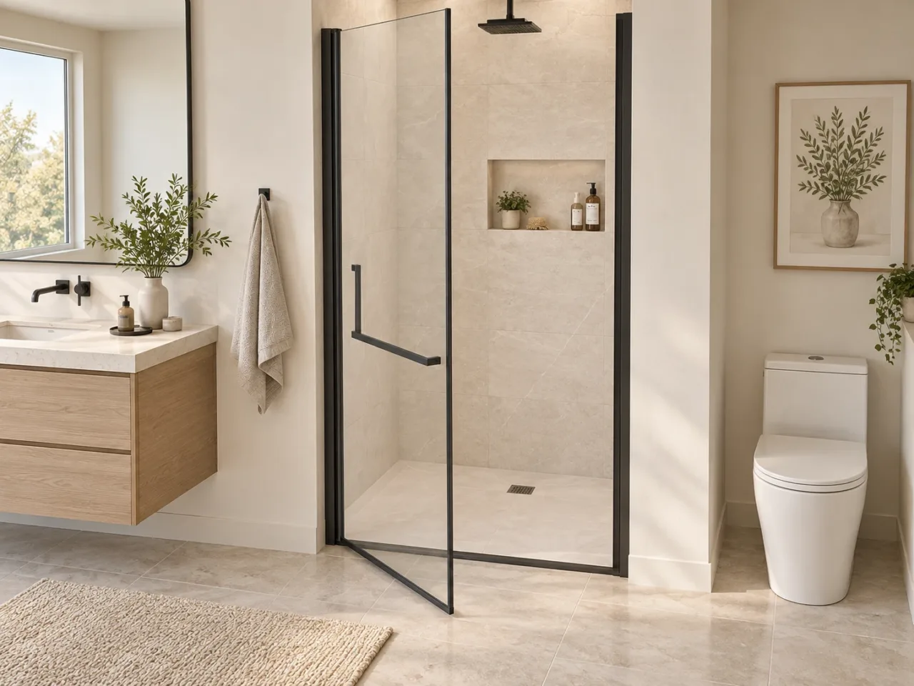 Partly open pivot glass shower door with clear floor space between a vanity and toilet