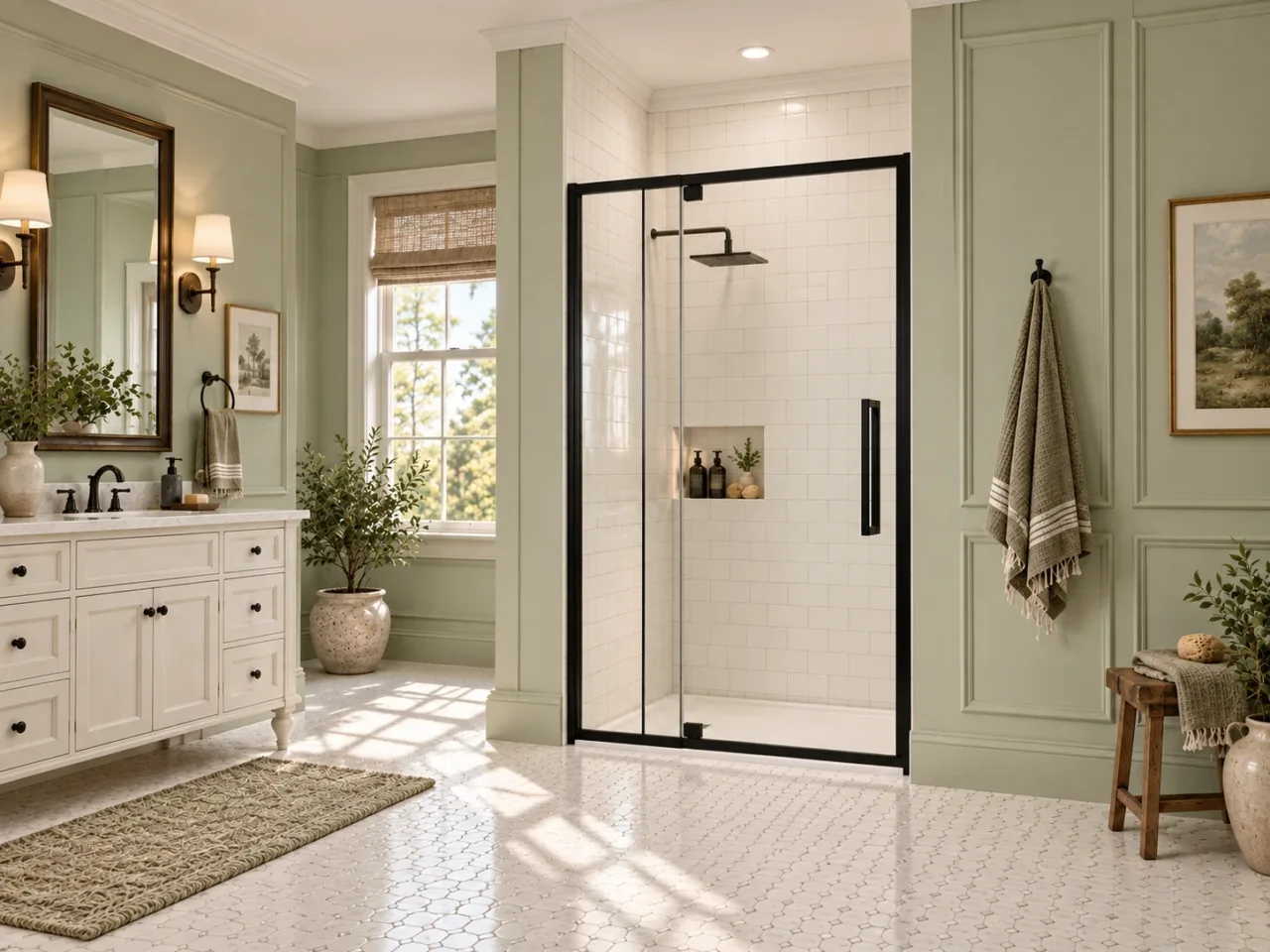 A traditional sage bathroom with a white furniture-style vanity and black-framed glass shower