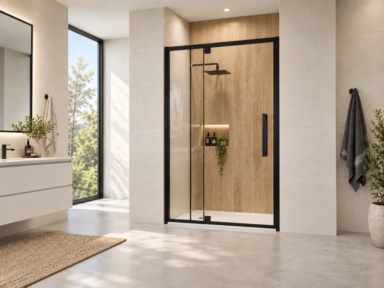 Vertical wood-look shower tile behind a black-framed clear glass door in an ivory bathroom
