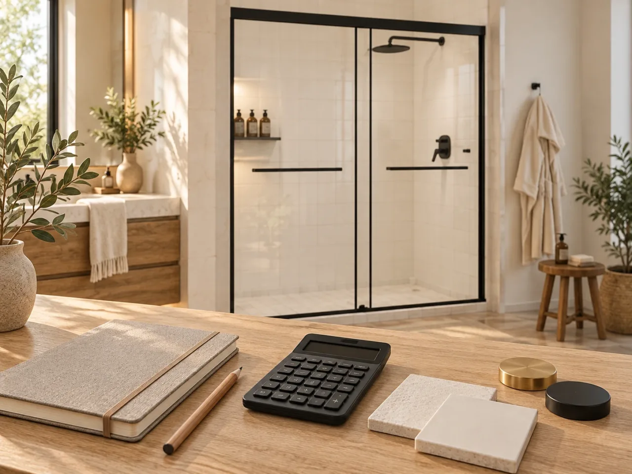 A notebook, calculator and finish samples used to plan a glass shower-door project