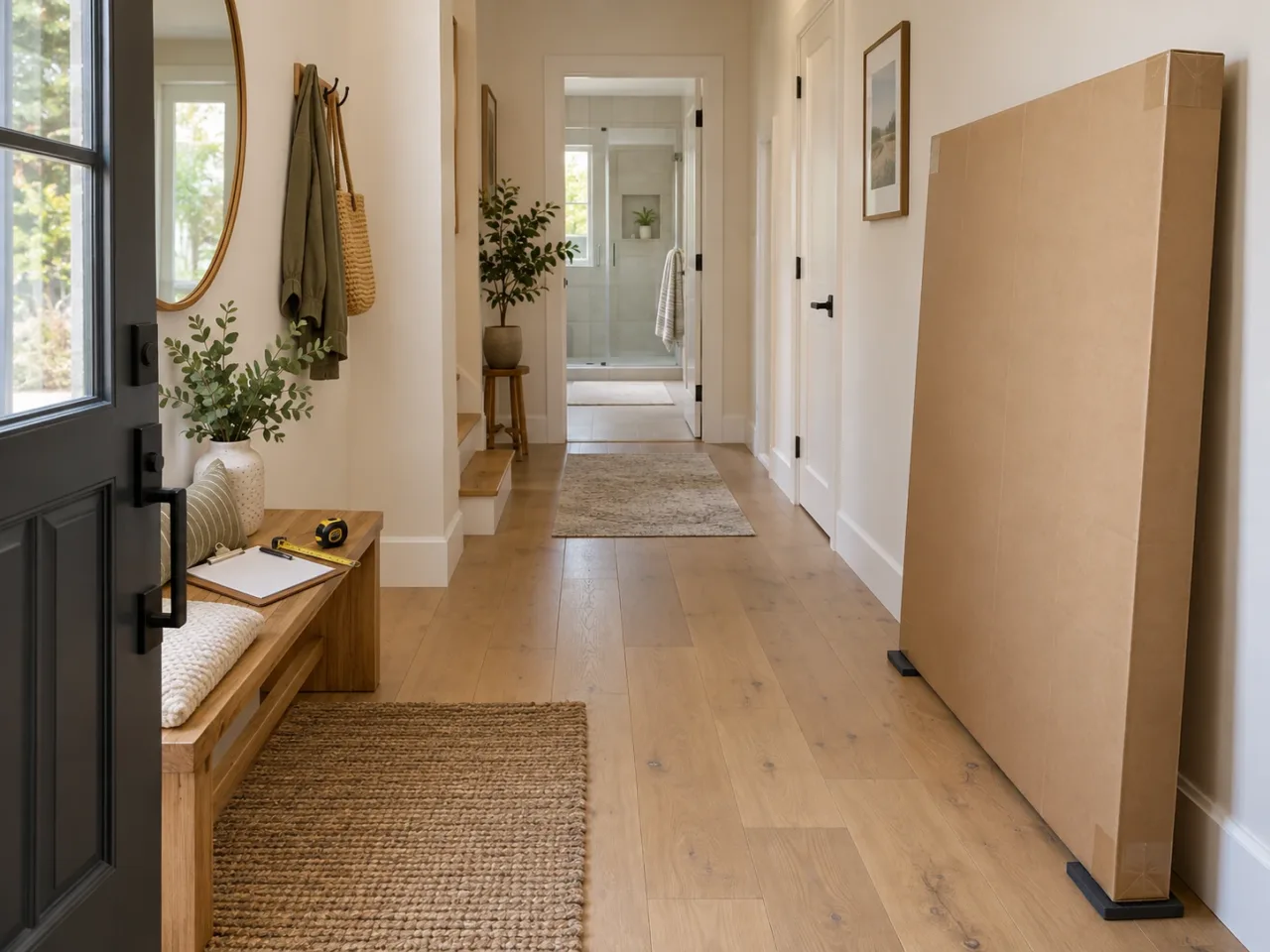 Protective shipping carton beside a clear hallway route toward a bathroom
