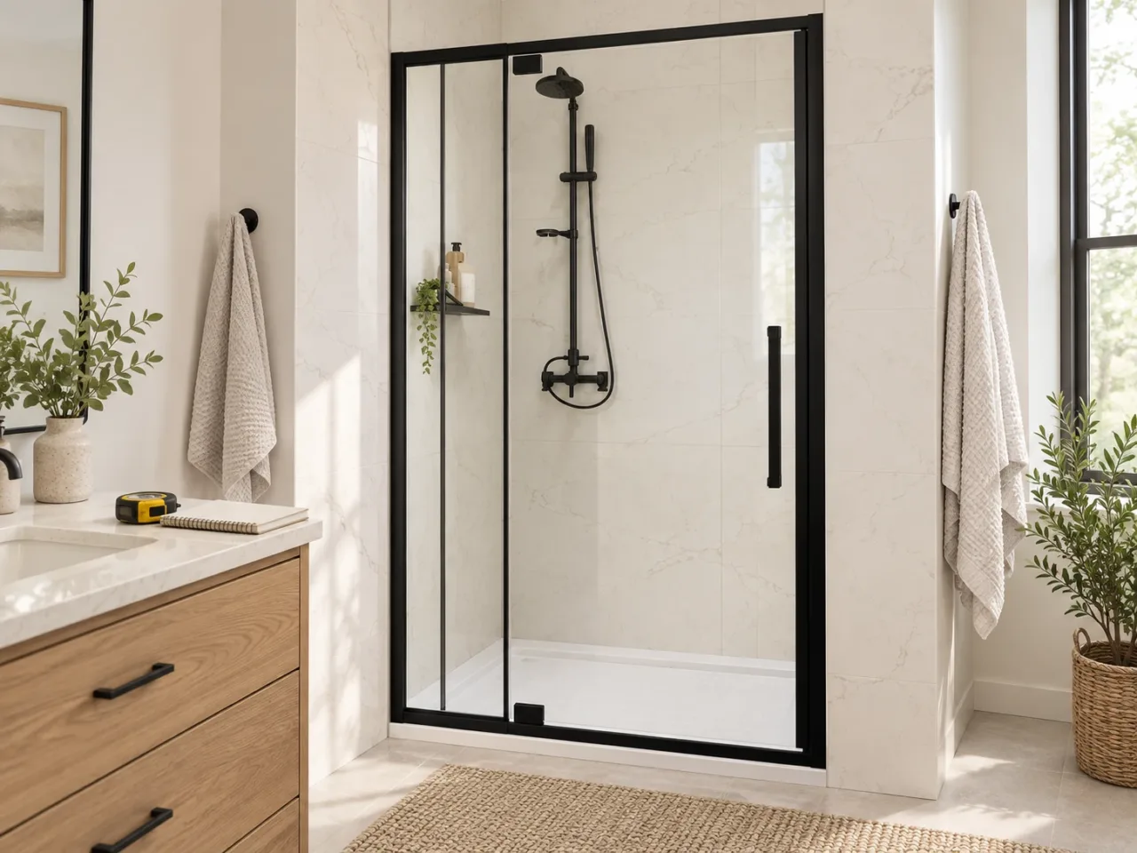Hinged glass shower enclosure with a tape measure and notebook ready for replacement planning