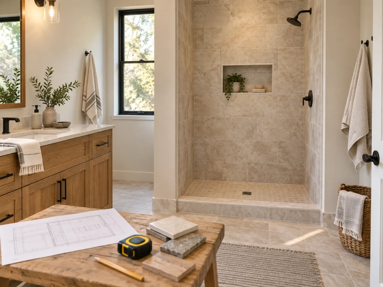 Finished tiled shower opening with plans, tile samples and a tape measure before ordering glass