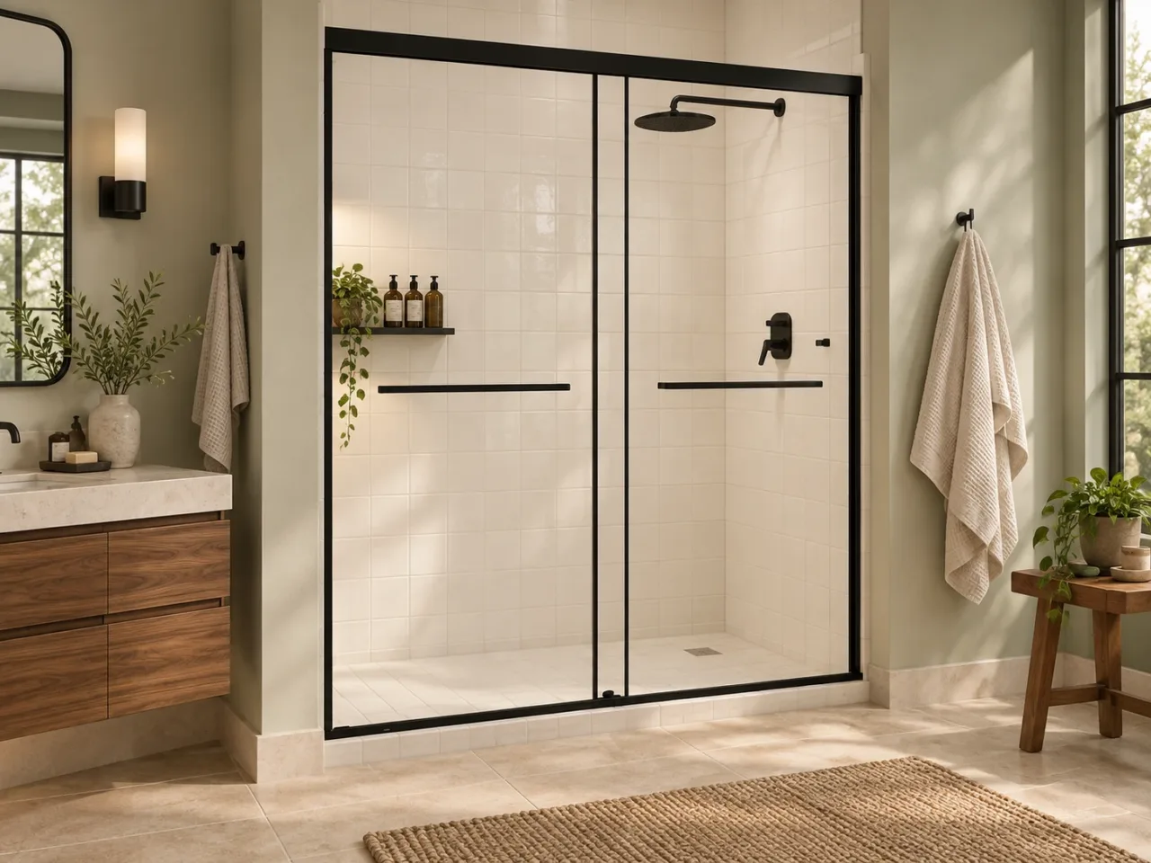 Matte black sliding shower door paired with cream tile, walnut cabinetry and sage walls