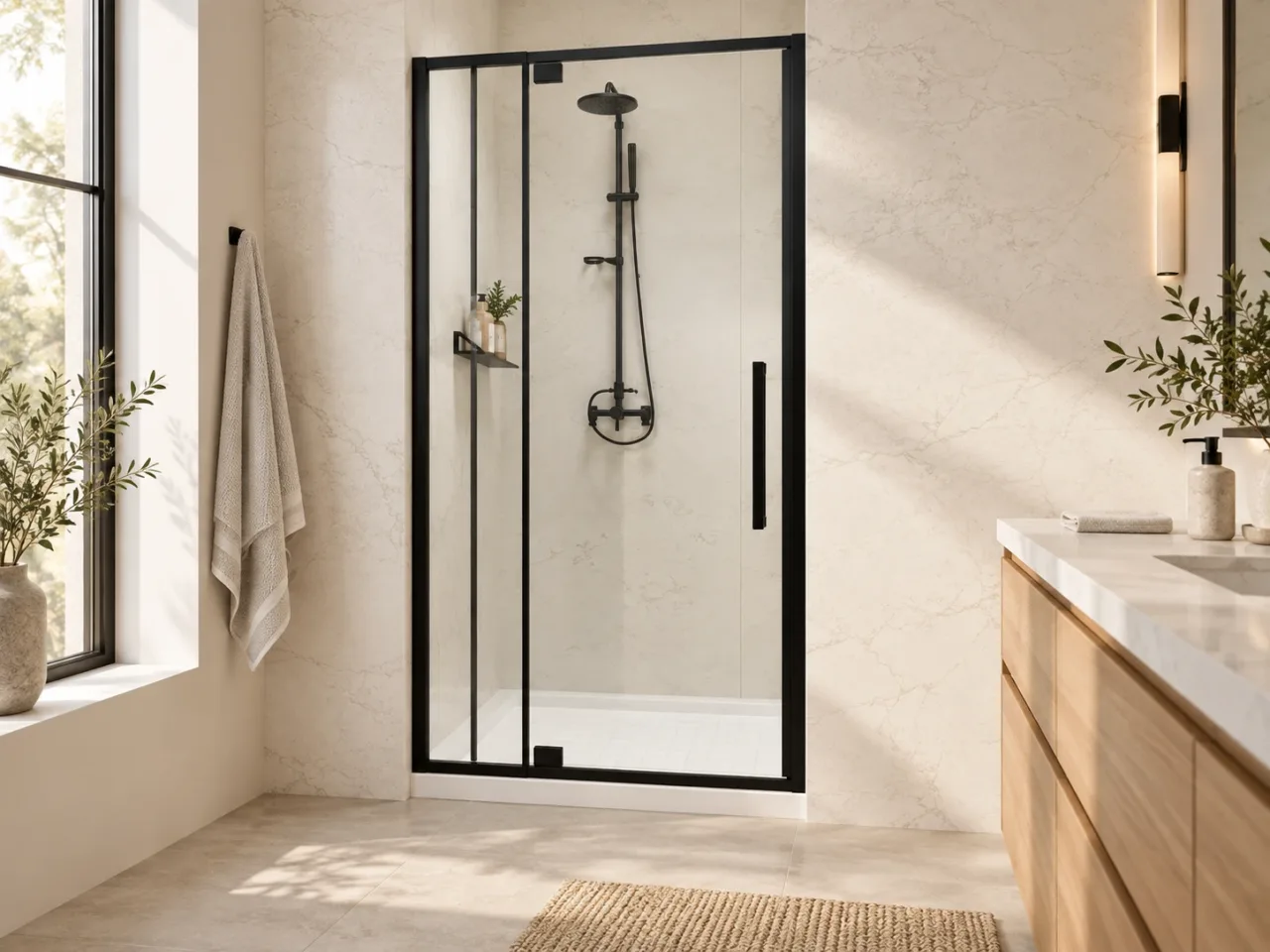 Hinged glass shower door showing its hinge and handle sides with clear floor space beside a vanity