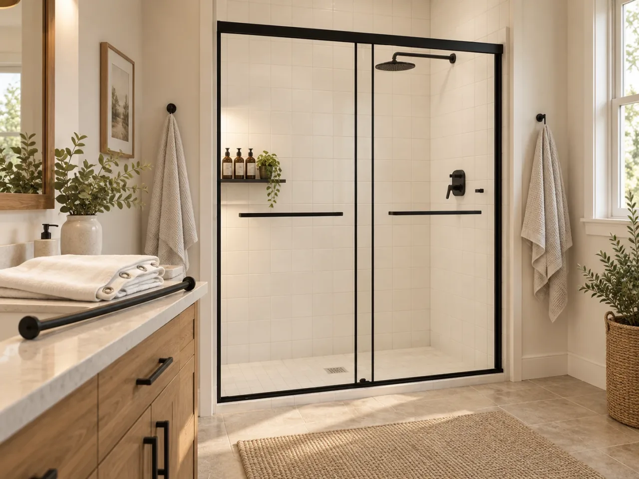 Clear glass sliding shower enclosure with a folded shower curtain and detached rod on the nearby vanity