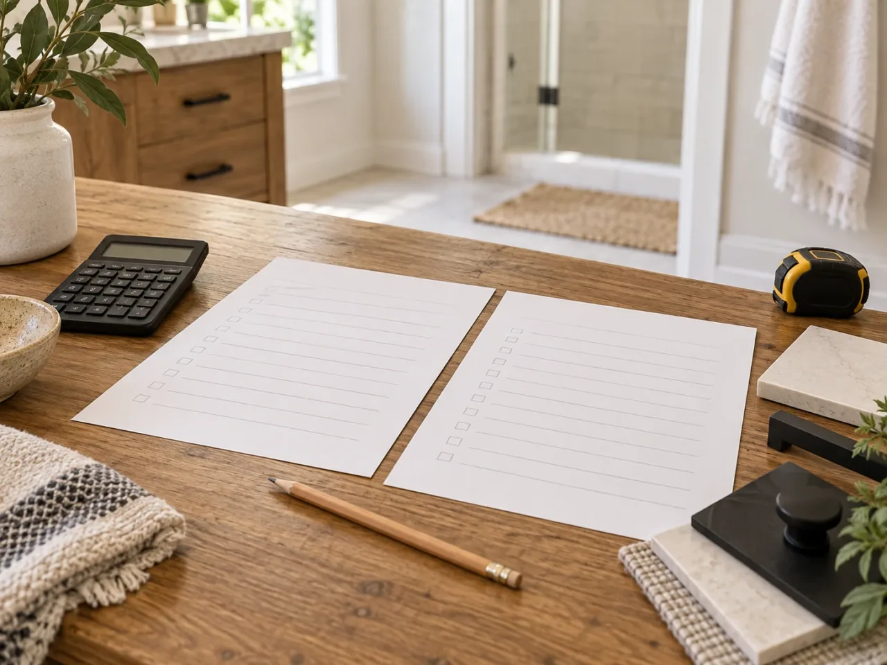 Two installation quote sheets, calculator and finish samples arranged on a bathroom planning worktop