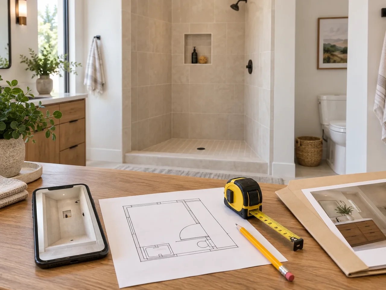 Phone photographs, room sketch and measuring tools prepared for an installer before a shower door order