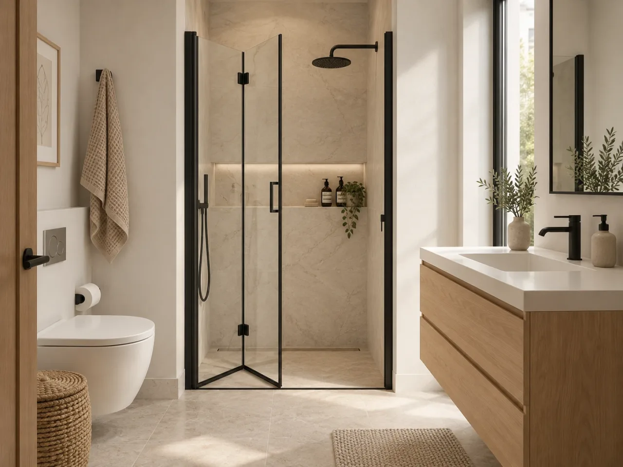 Partly folded black-hardware bifold glass shower door in a compact bathroom beside an oak vanity