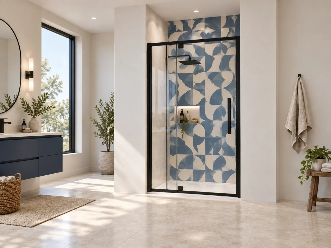Blue-and-ivory patterned shower tile visible through a clear glass door beside a navy vanity