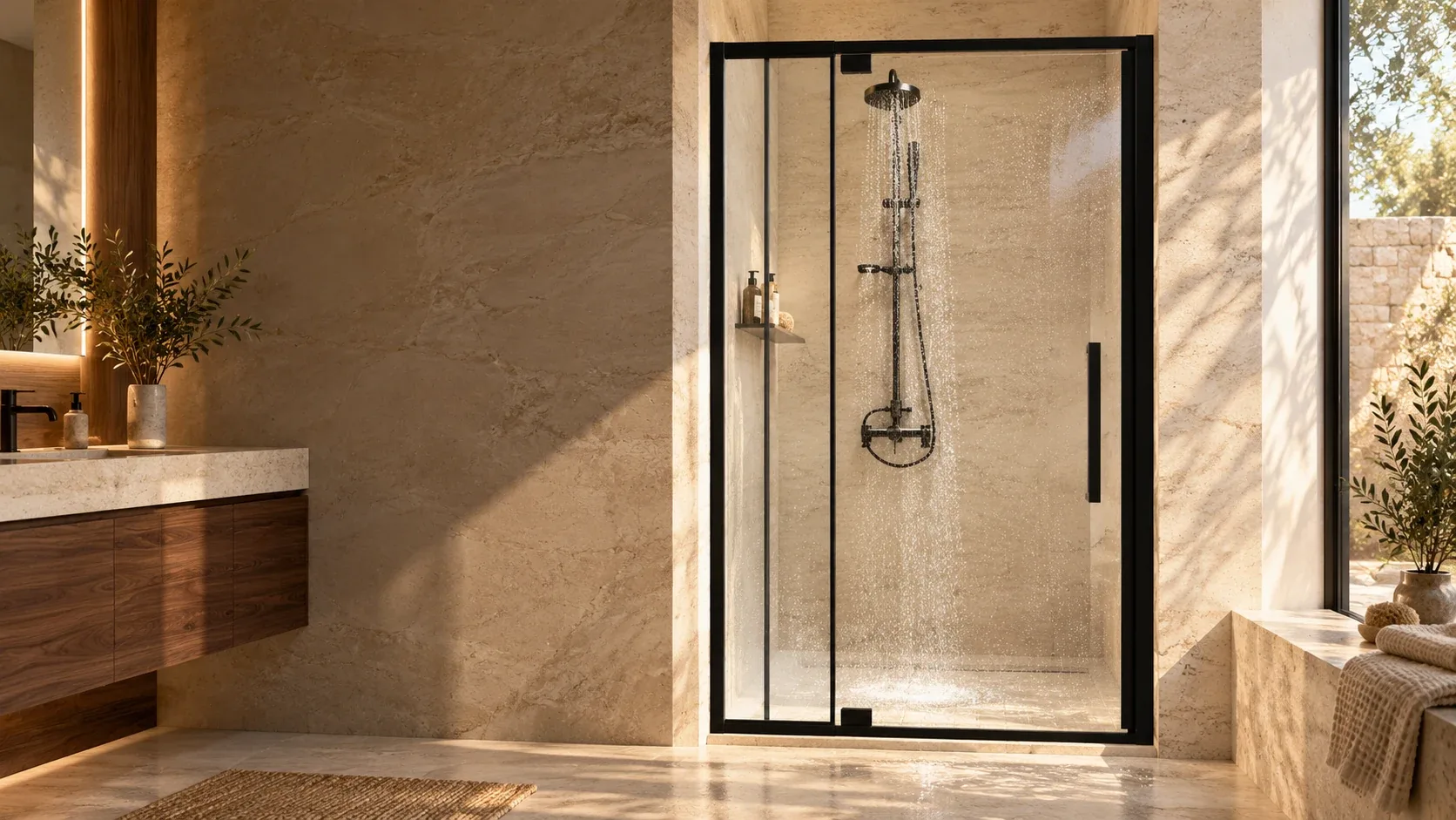 Black hinged shower door with running water in a warm stone bathroom