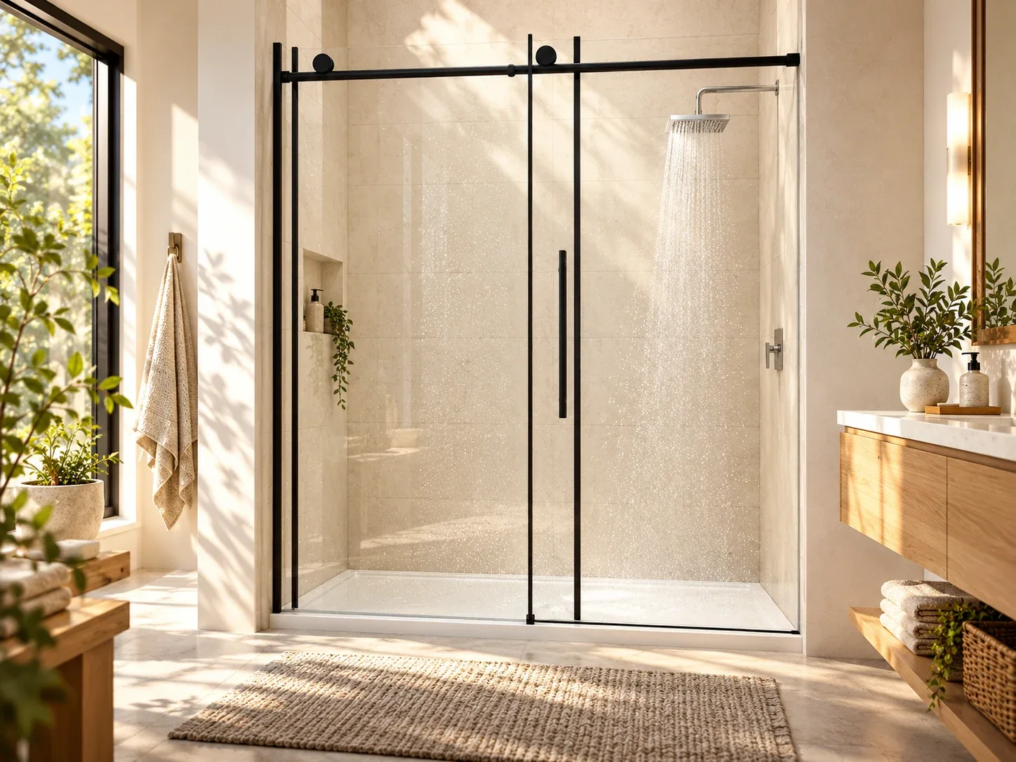 Matte black sliding shower door in a sunlit relaxing bathroom
