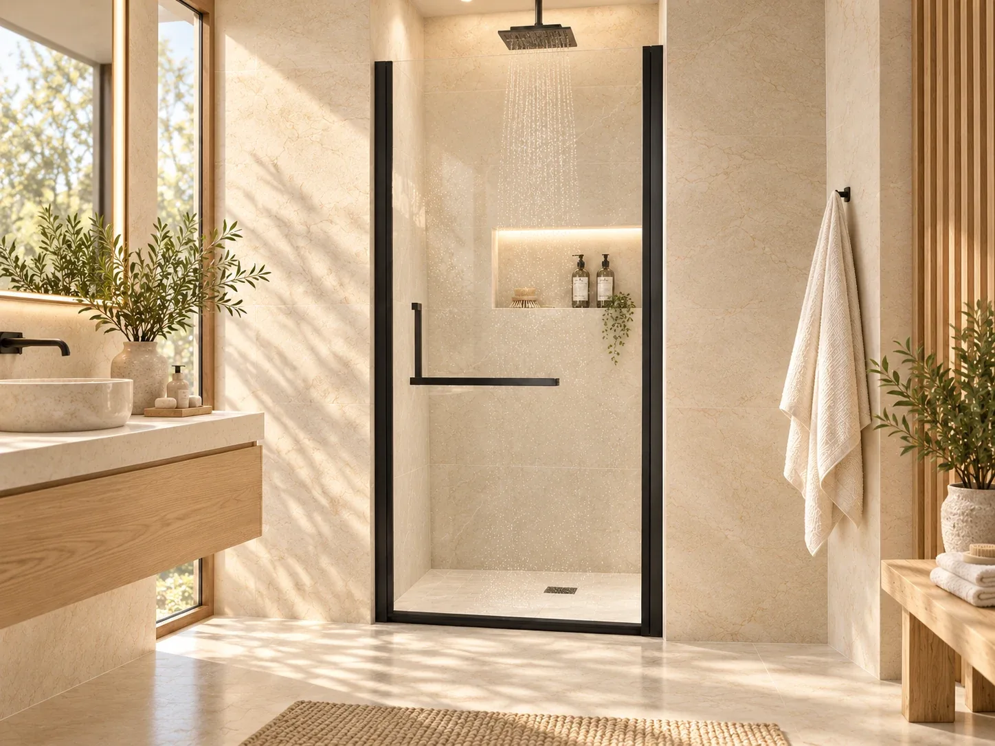 Matte black pivot shower door with towel-bar handle in a warm limestone bathroom
