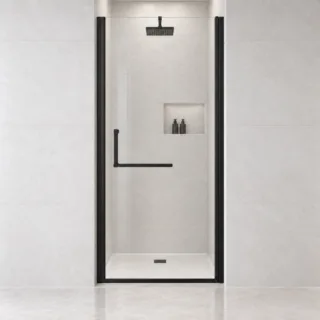 Matte black semi-frameless pivot shower door, 28–29.2" width, frontal view