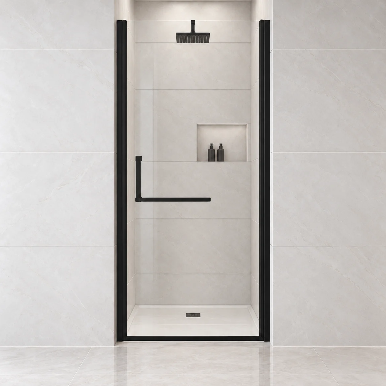 Matte black semi-frameless pivot shower door, 32–33.2" width, frontal view