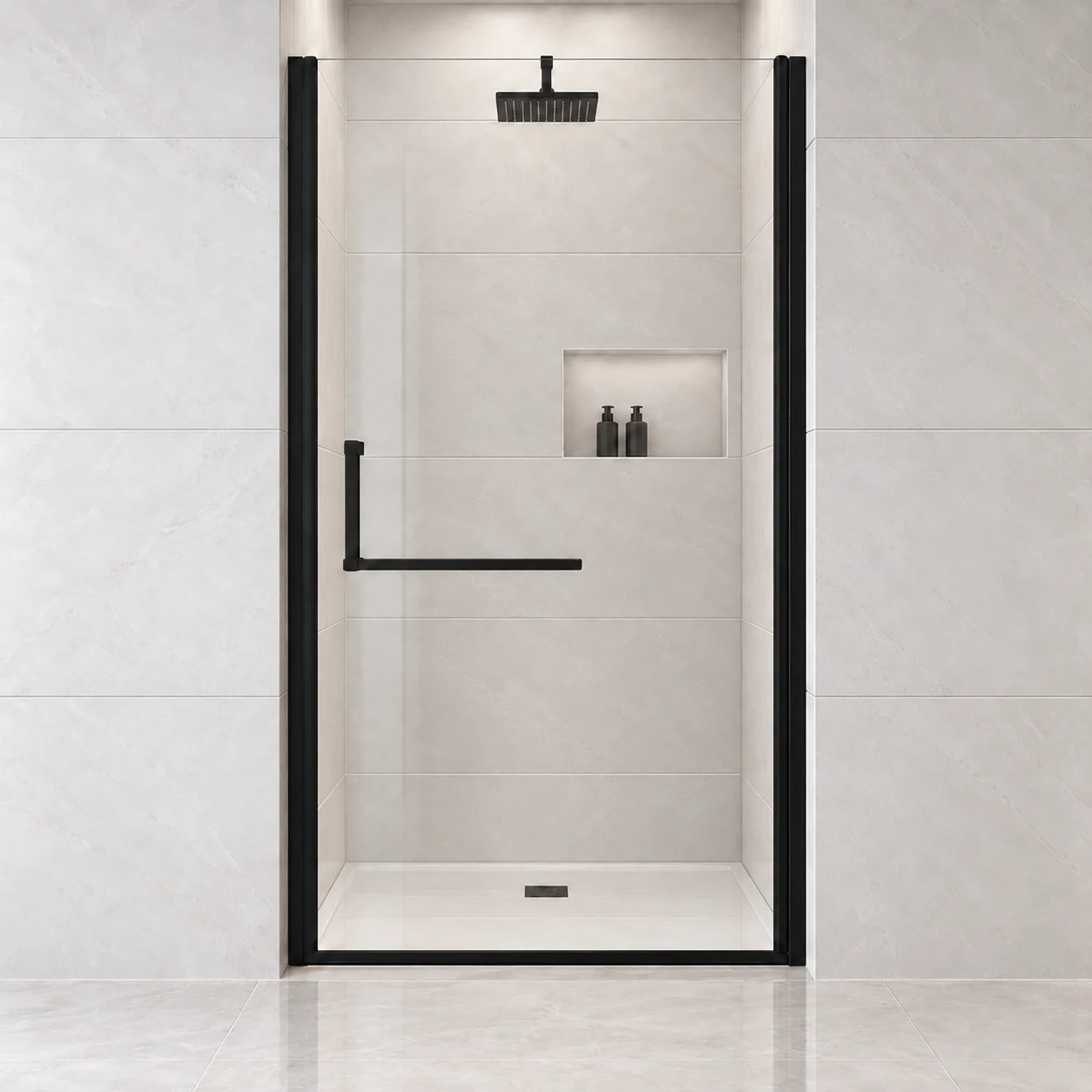 Matte black semi-frameless pivot shower door, 34–35.2" width, frontal view