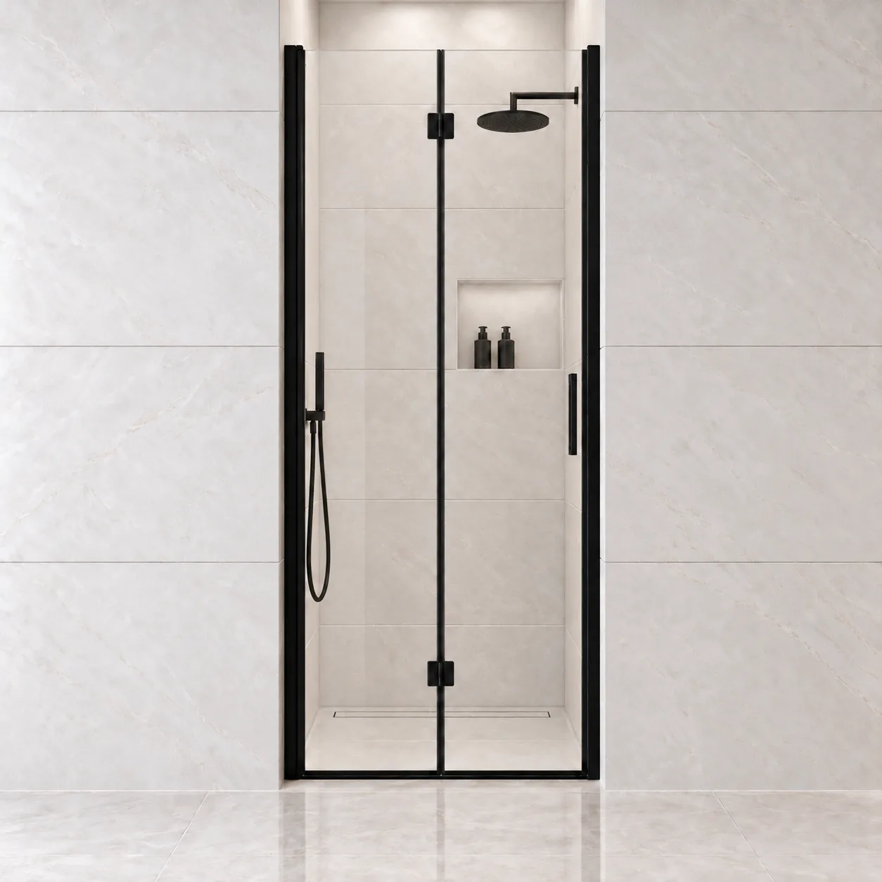 AROJAY frameless bifold pivot shower door in matte black, 30–31.2 inches wide by 72 inches high, clear tempered glass, closed front view