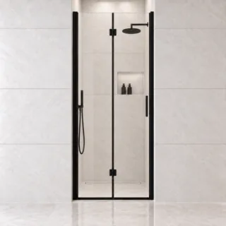 AROJAY frameless bifold pivot shower door in matte black, 30–31.2 inches wide by 72 inches high, clear tempered glass, closed front view