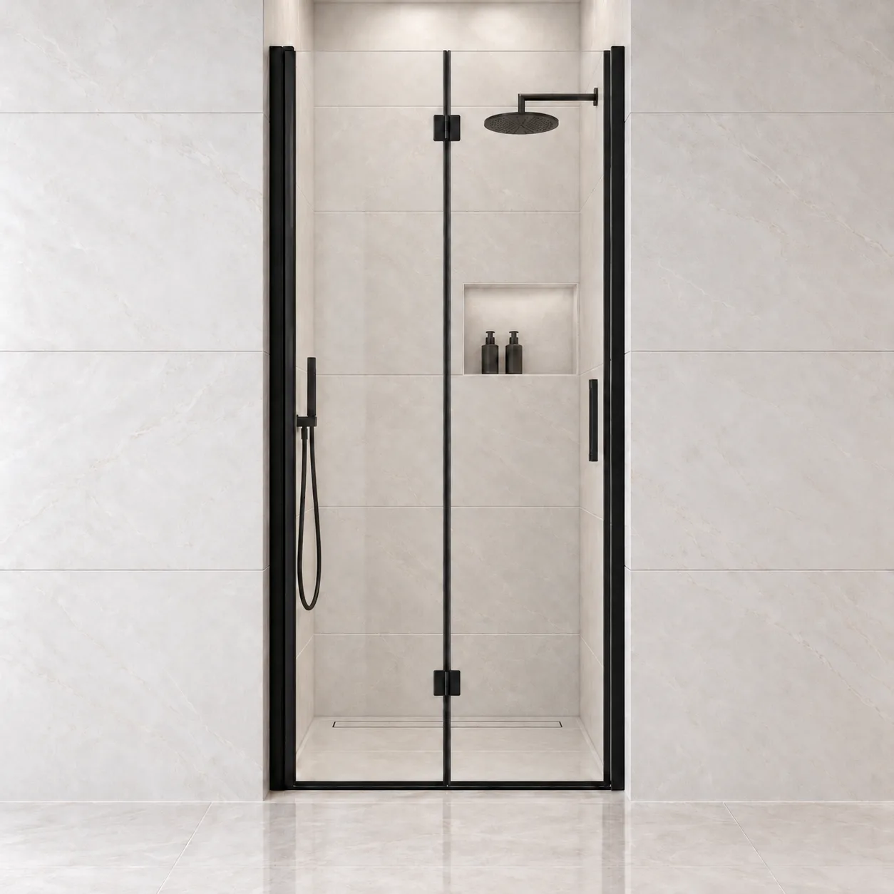 AROJAY frameless bifold pivot shower door in matte black, 32–33.2 inches wide by 72 inches high, clear tempered glass, closed front view