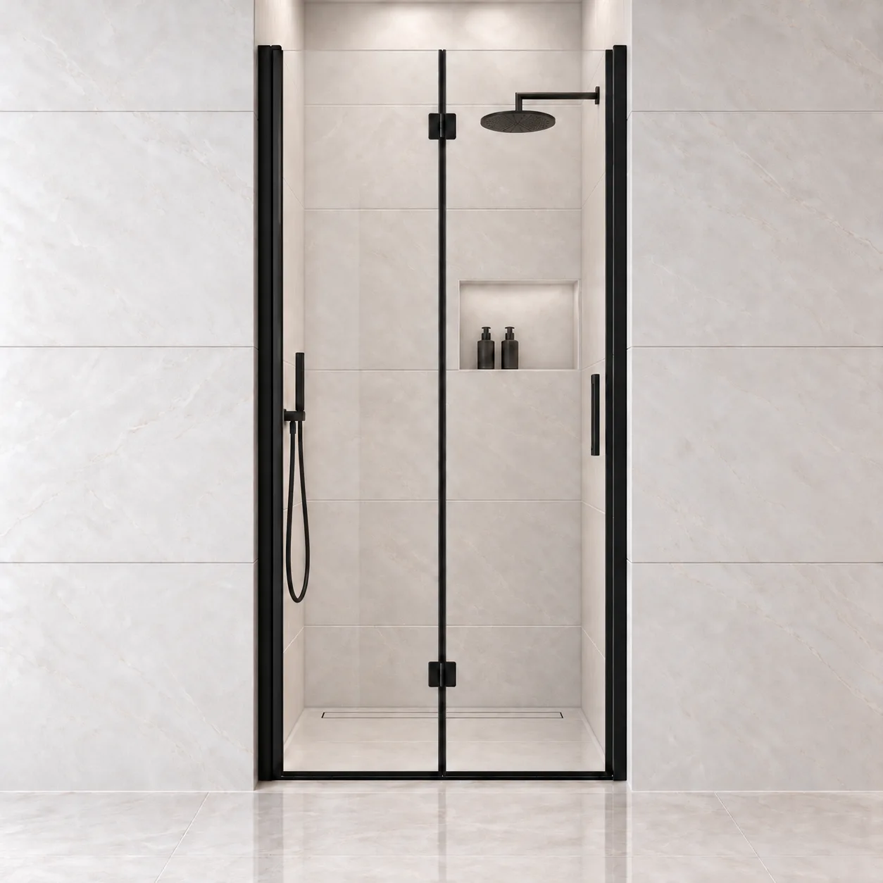 AROJAY frameless bifold pivot shower door in matte black, 34–35.2 inches wide by 72 inches high, clear tempered glass, closed front view