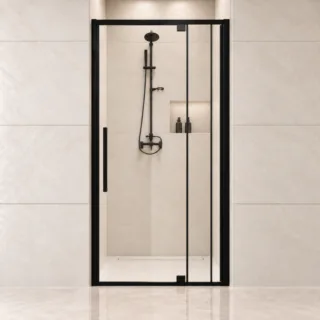 AROJAY semi-frameless hinged shower door in matte black, 32–36 inches wide by 72 inches high, 6 mm clear tempered glass, closed front view with handle on the left