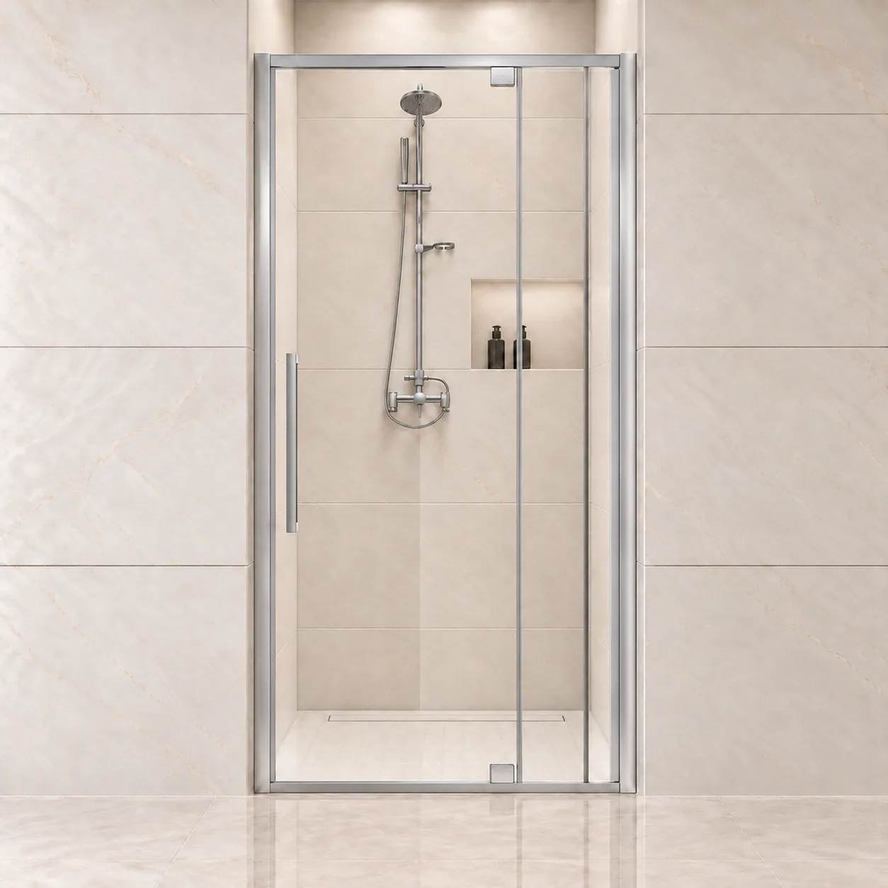 AROJAY semi-frameless hinged shower door in chrome, 32–36 inches wide by 72 inches high, 6 mm clear tempered glass, closed front view with handle on the left