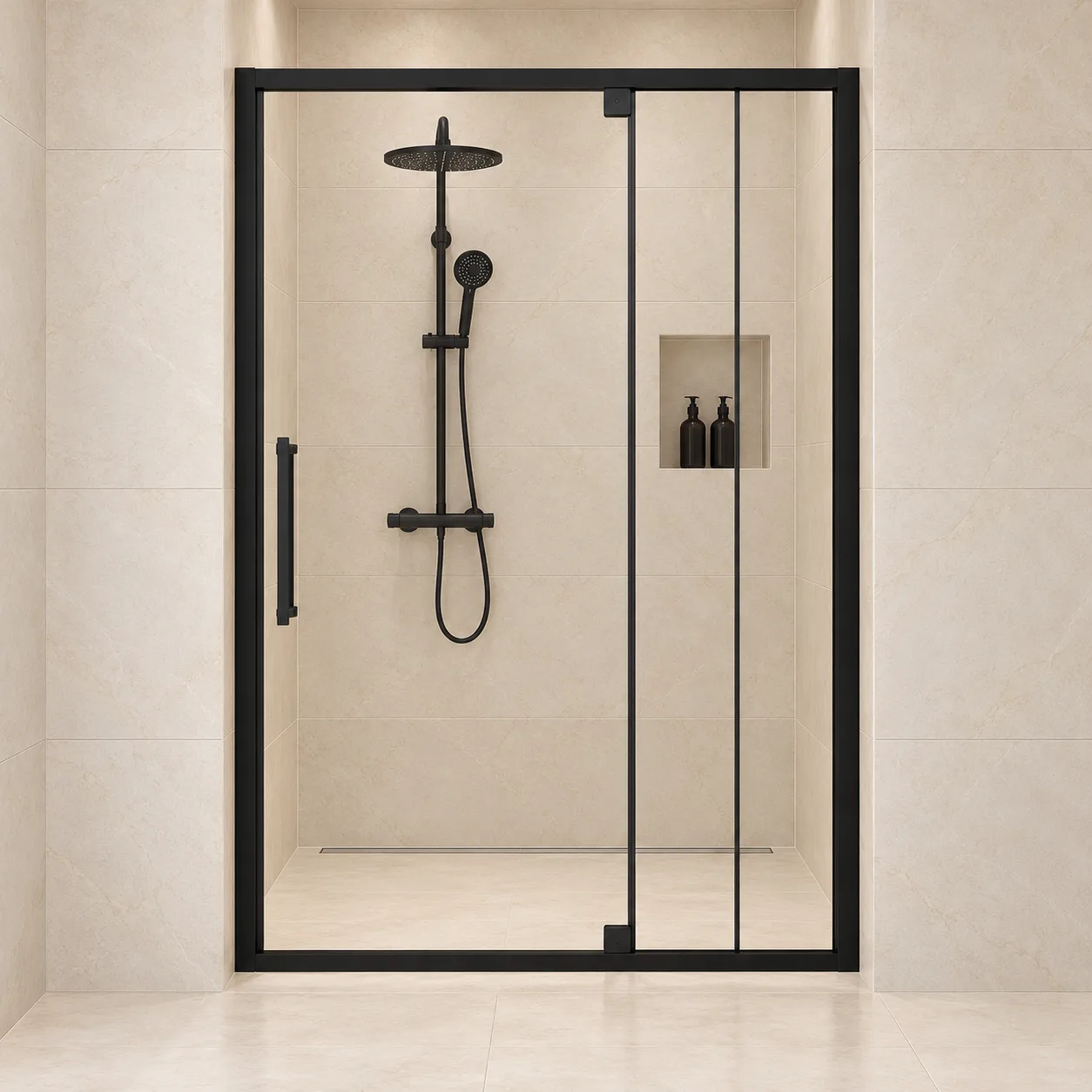 AROJAY semi-frameless hinged shower door in matte black, 44–48 inches wide by 72 inches high, 6 mm clear tempered glass, closed front view with handle on the left