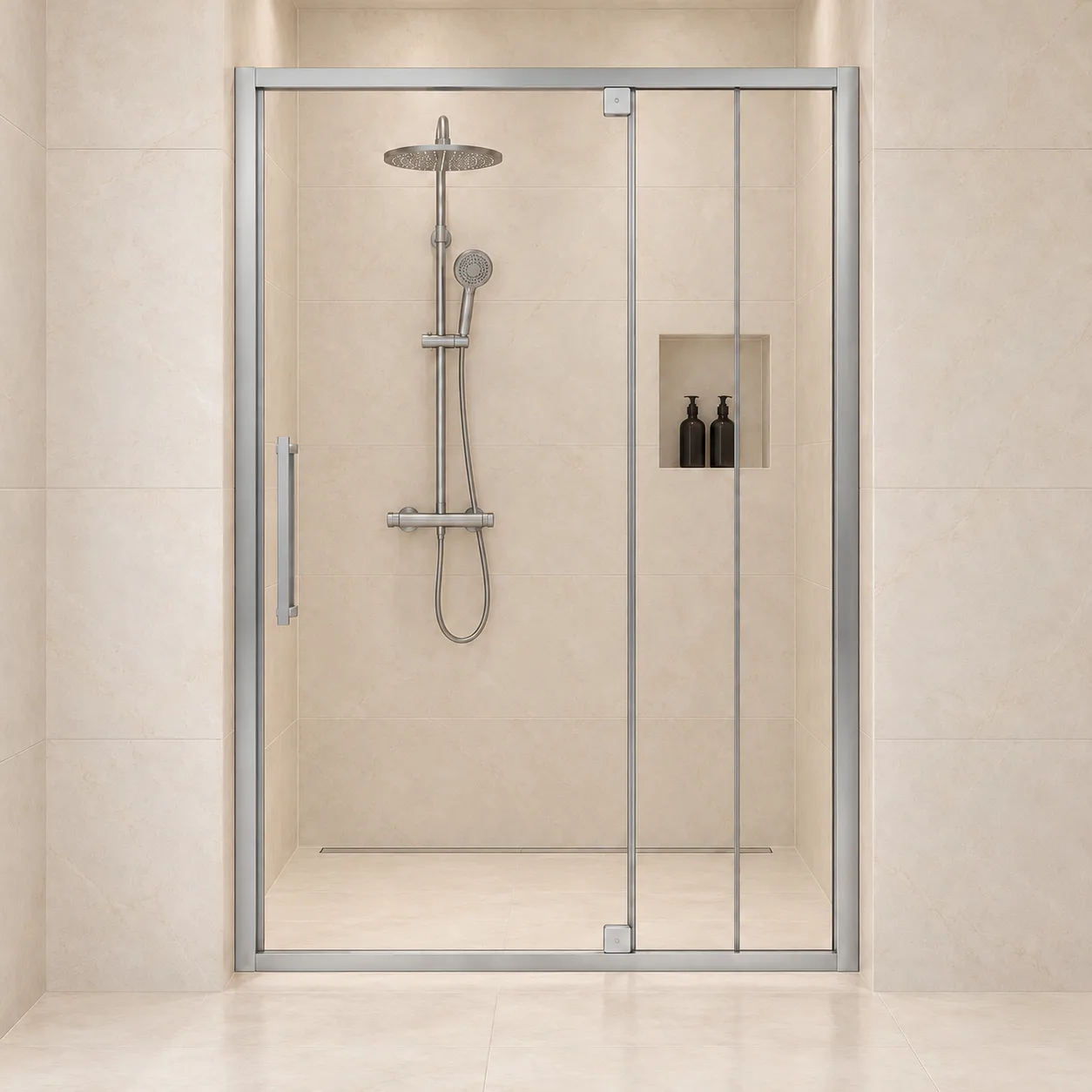 AROJAY semi-frameless hinged shower door in brushed silver, 44–48 inches wide by 72 inches high, 6 mm clear tempered glass, closed front view with handle on the left