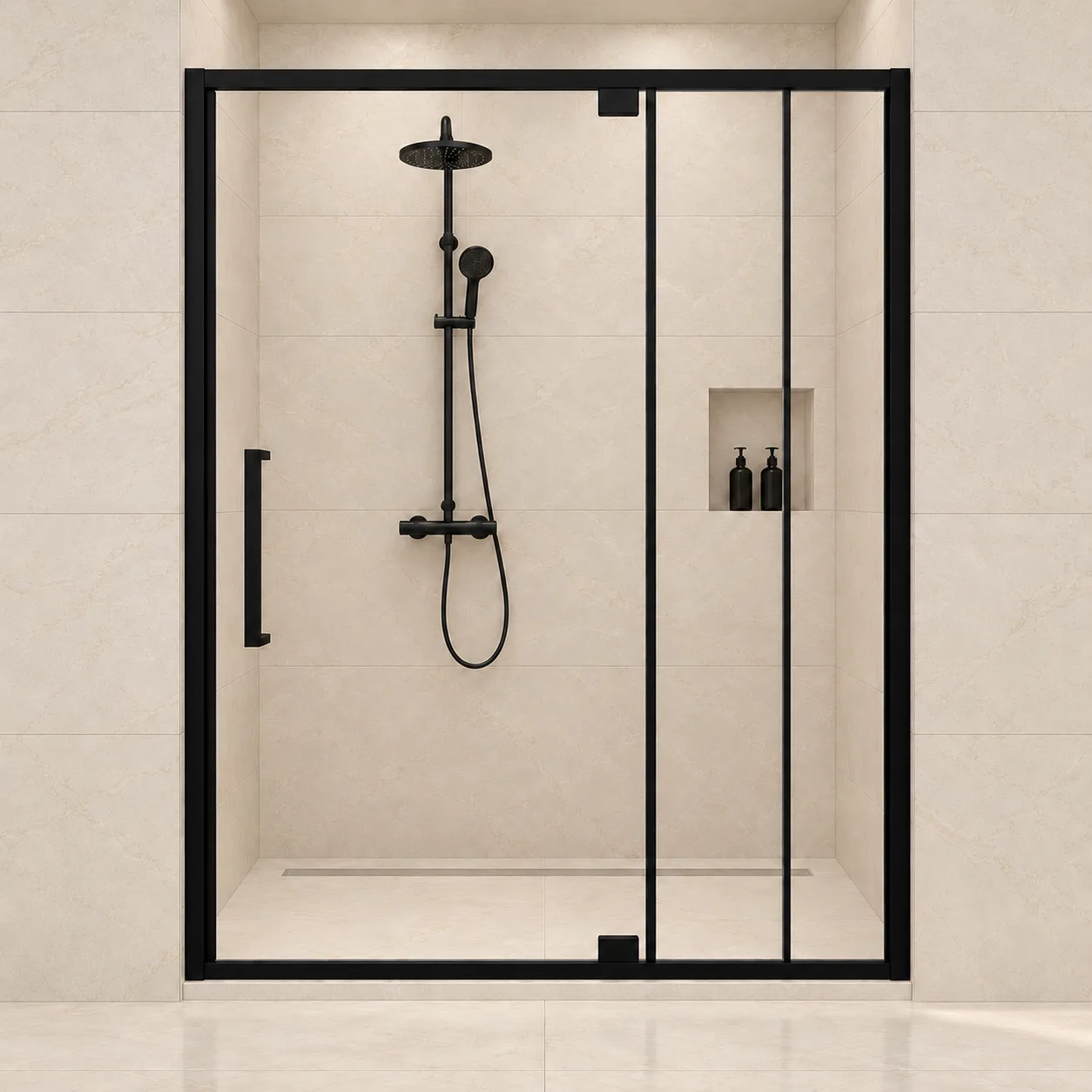 AROJAY semi-frameless hinged shower door in matte black, 56–60 inches wide by 72 inches high, 6 mm clear tempered glass, closed front view with handle on the left
