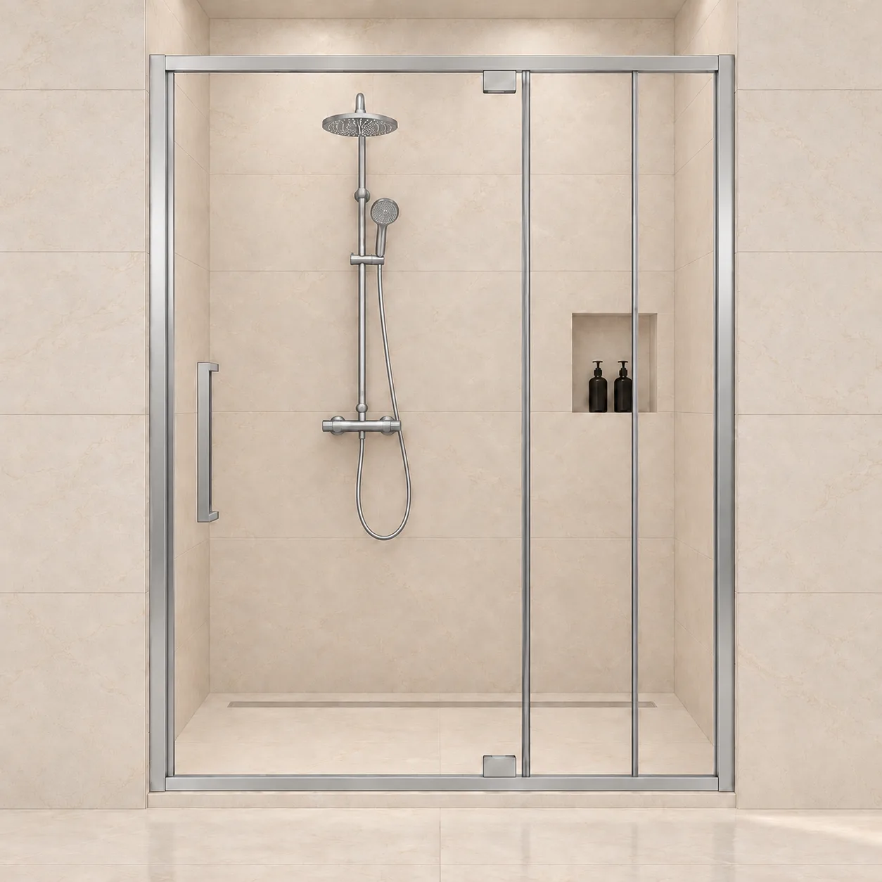 AROJAY semi-frameless hinged shower door in brushed silver, 56–60 inches wide by 72 inches high, 6 mm clear tempered glass, closed front view with handle on the left