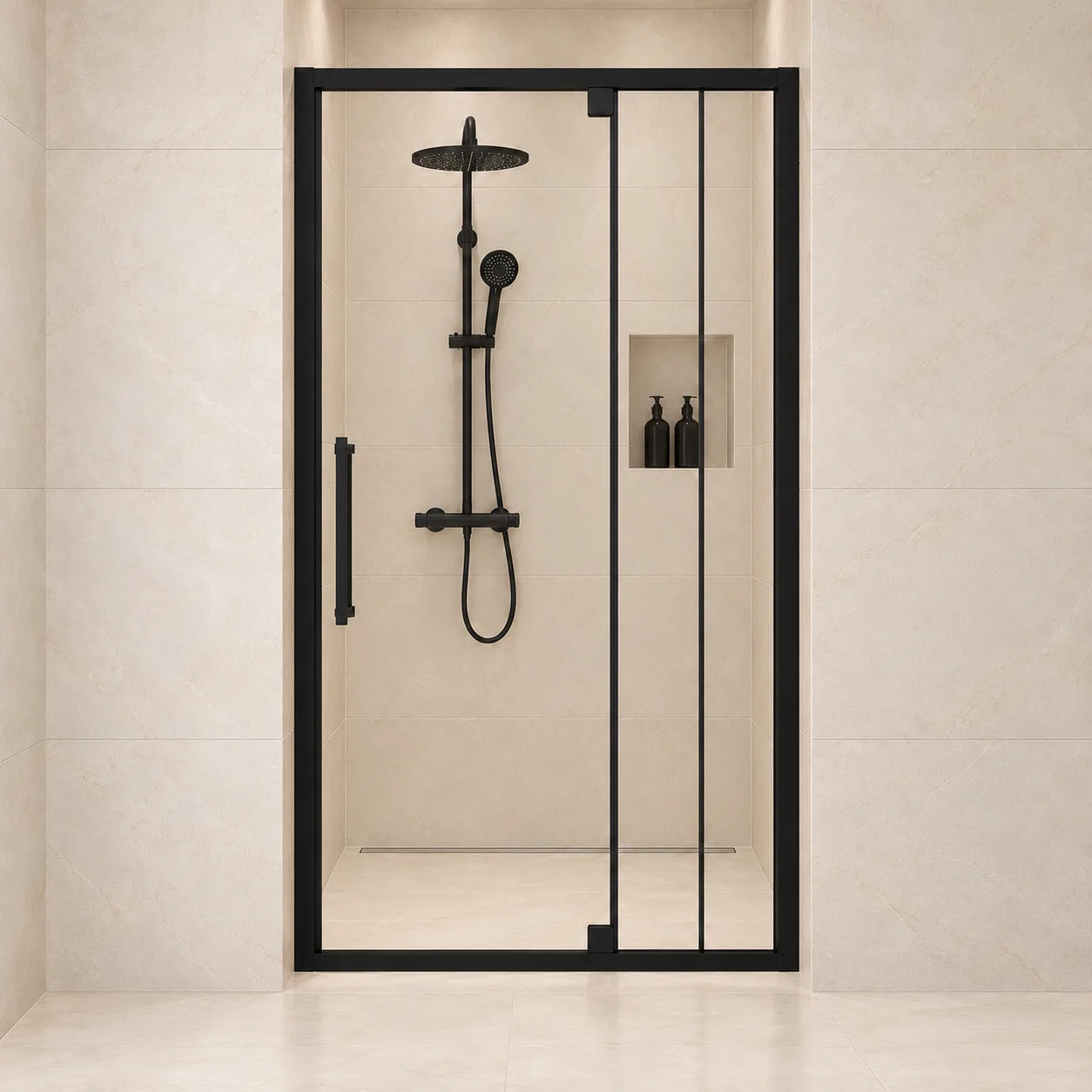 AROJAY semi-frameless hinged shower door in matte black, 38–42 inches wide by 72 inches high, 6 mm clear tempered glass, closed front view with left handle
